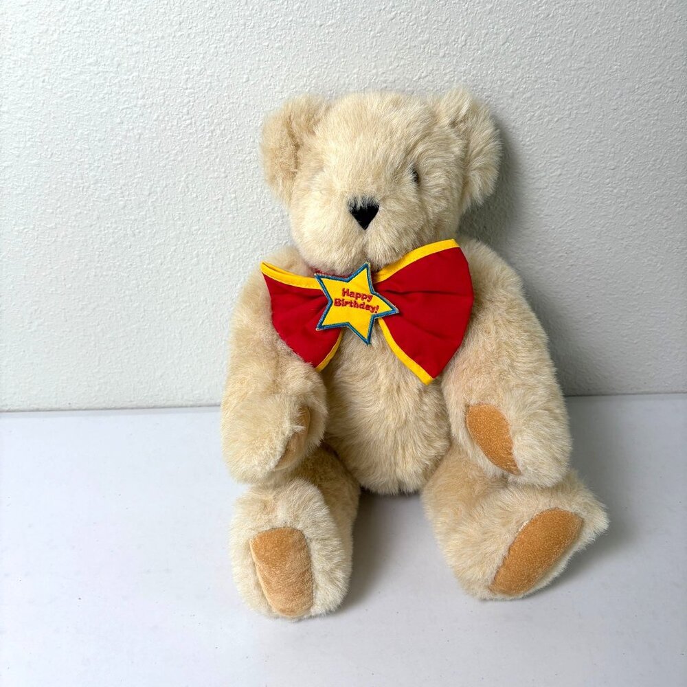 Vermont Teddy Bear Company Beige Plush‎ Bear 15" Happy Birthday Bow Jointed